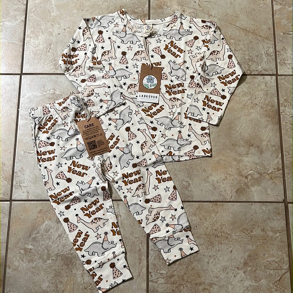 NWT Larkspur Baby Company New Year With Dinosaurs. Drop Sleeve and Jogger Pant.